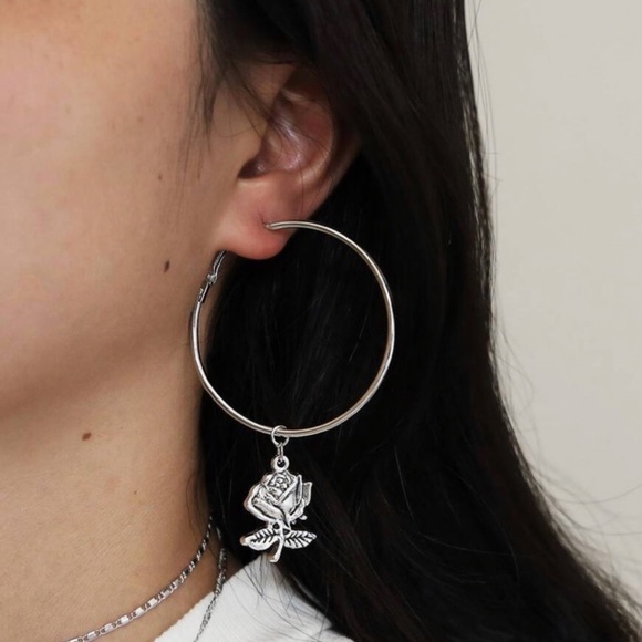 2/$20! Silver Hoops w/Antiqued Rose - Picture 2 of 10